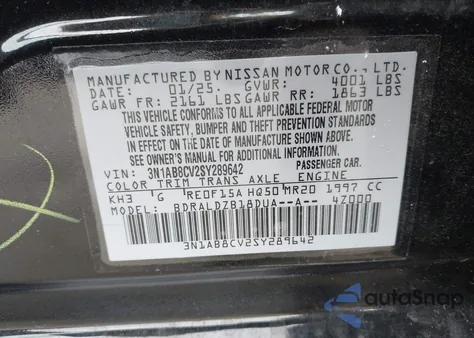 2025 Nissan Sentra Sv from USA, damaged, VIN 3N1AB8CV2SY289642